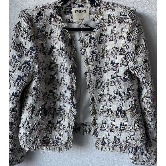 $795 NEW L'AGENCE Women's Angelina Ivory Multi Tweed Plaid Jacket Blazer Size 10 - Picture 6 of 9